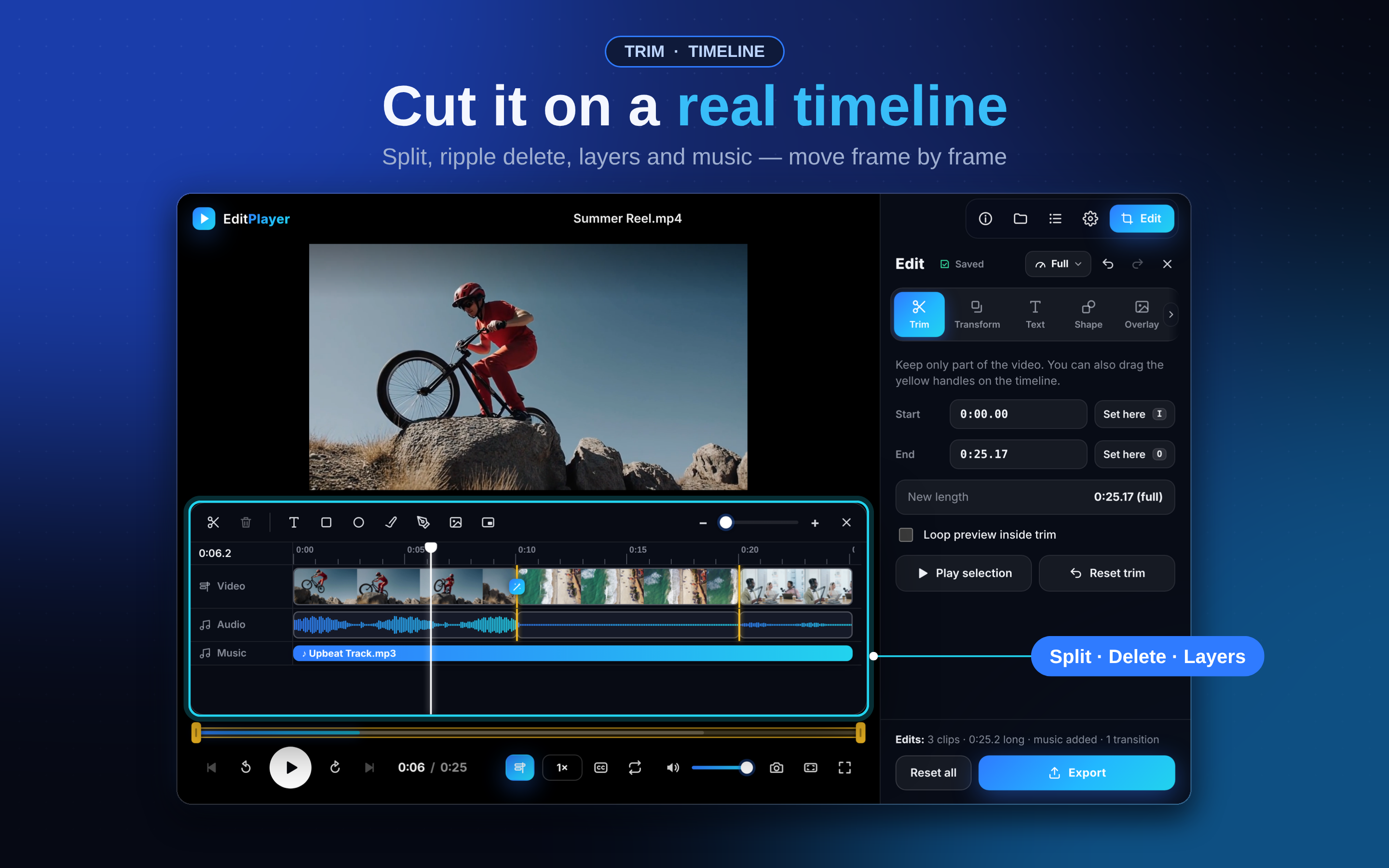 Split, ripple delete, layers and music — move frame by frame