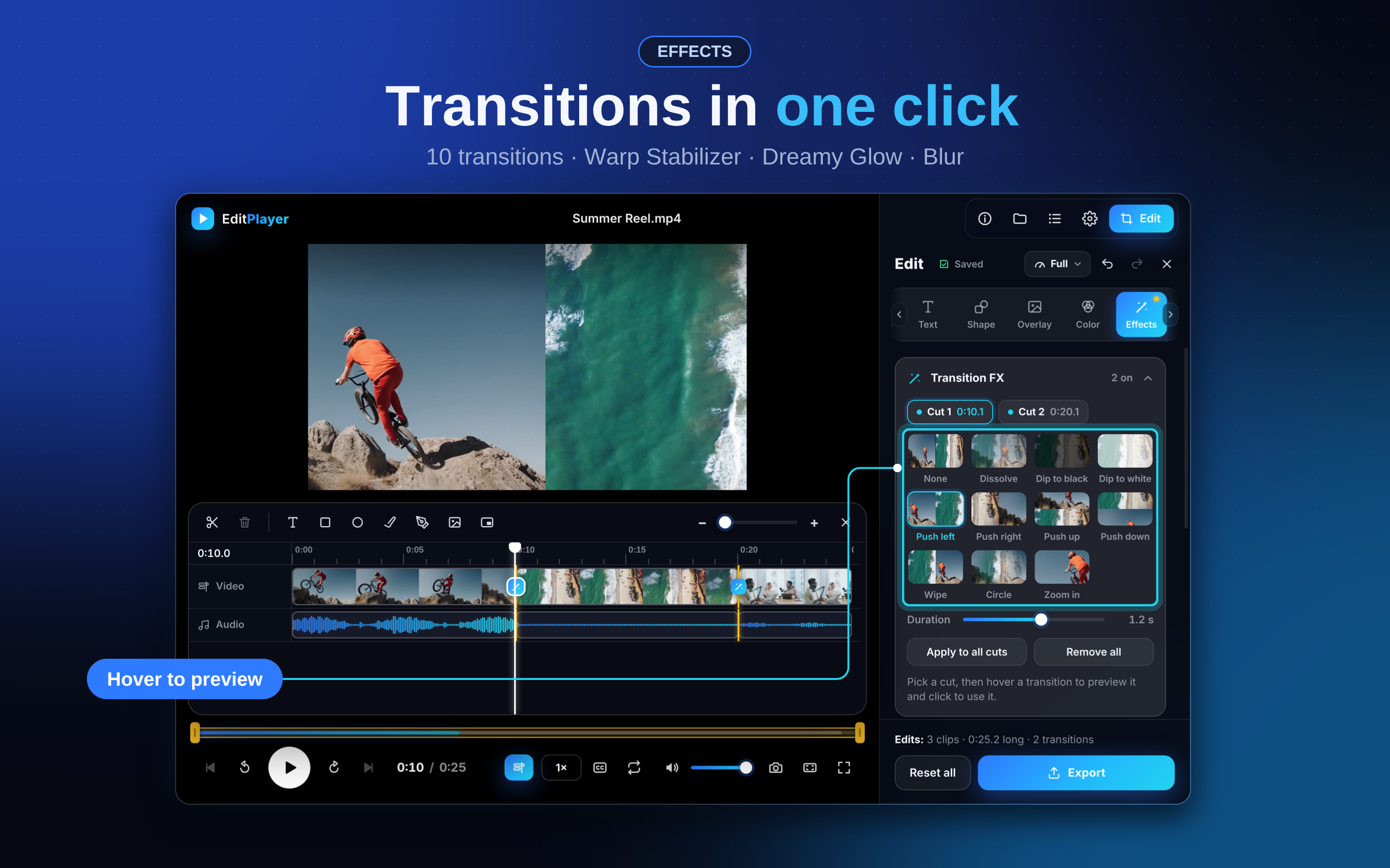 10 transitions · Warp Stabilizer · Dreamy Glow · Blur