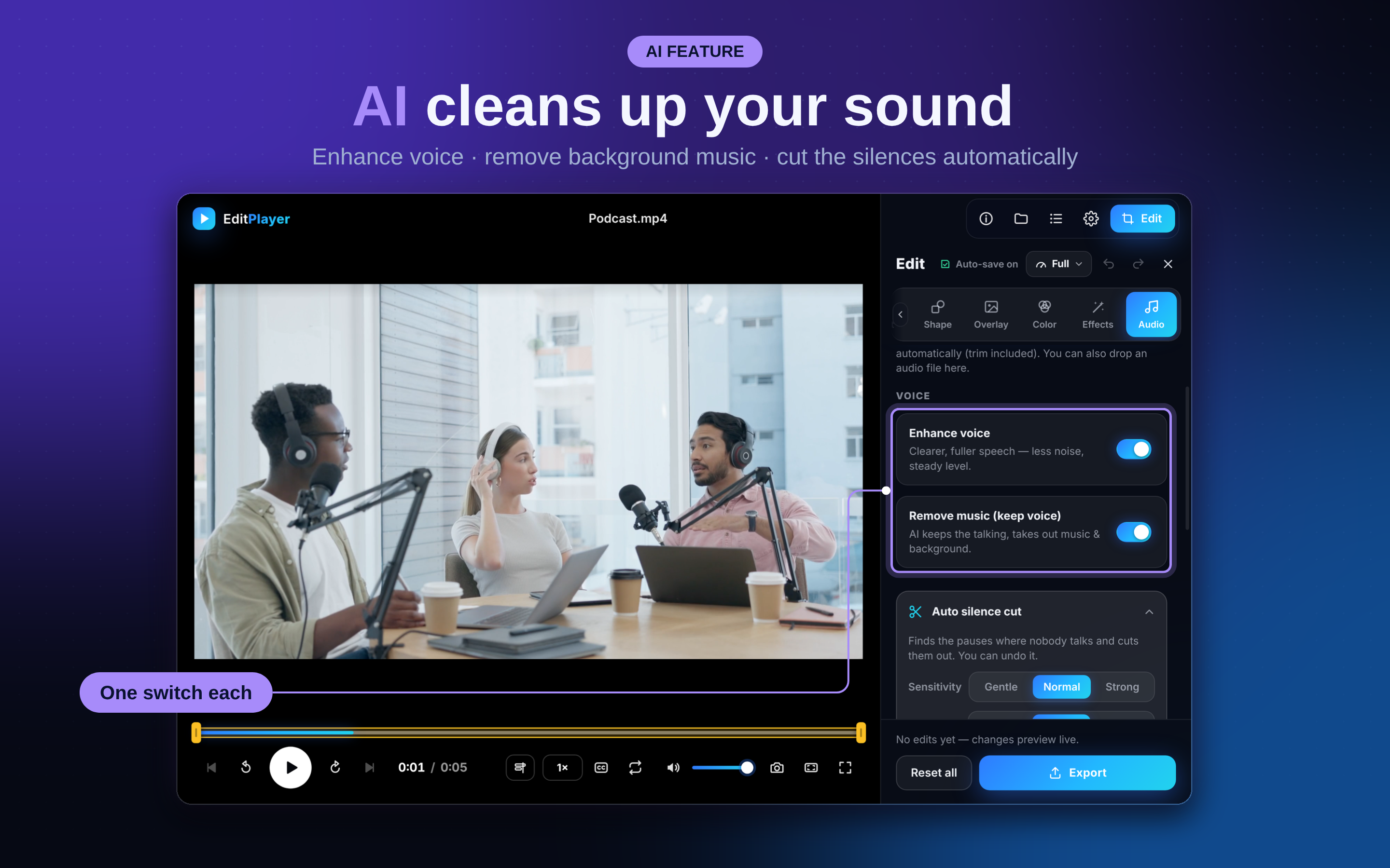 Enhance voice · remove background music · cut the silences automatically