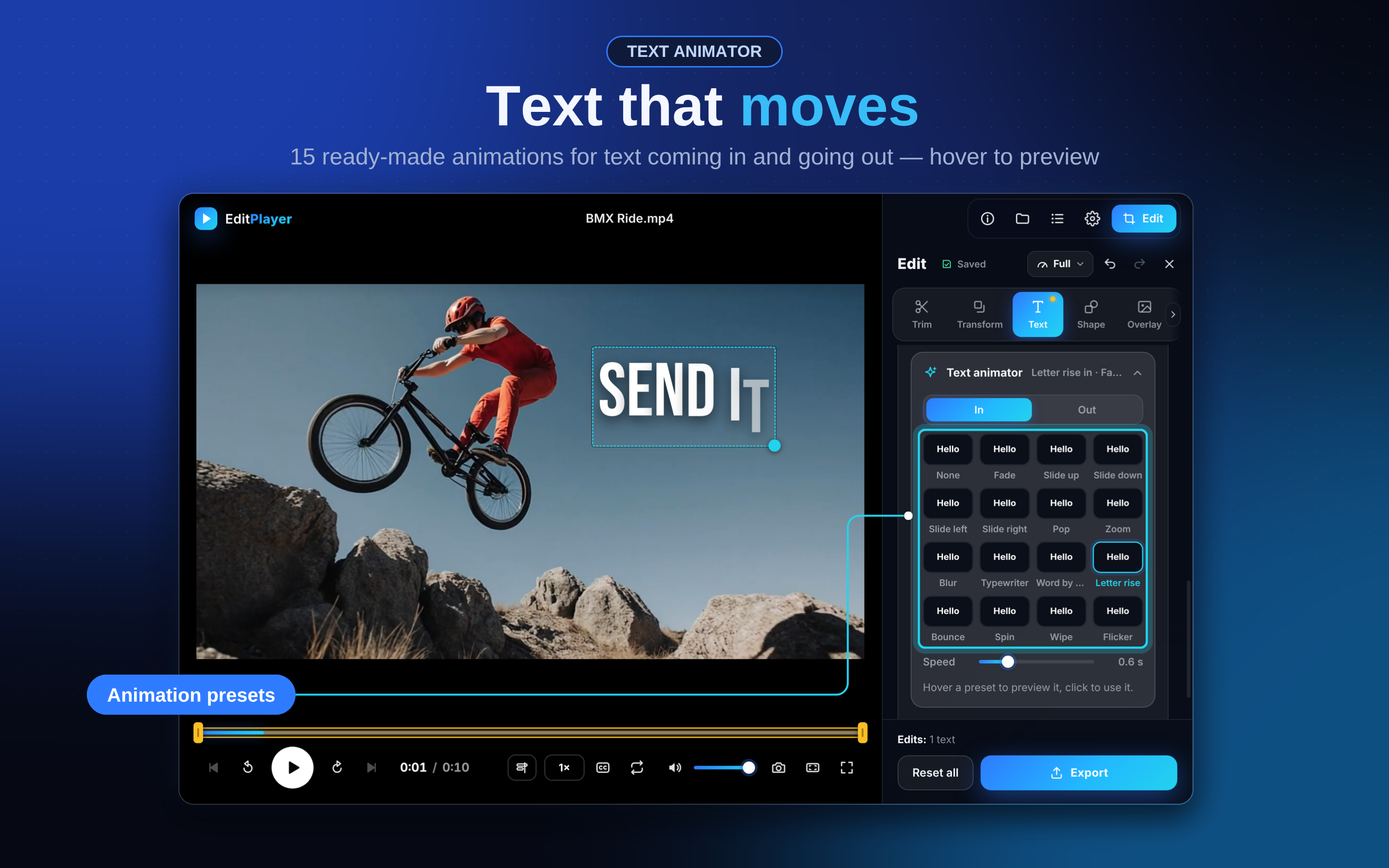 15 ready-made animations for text coming in and going out — hover to preview