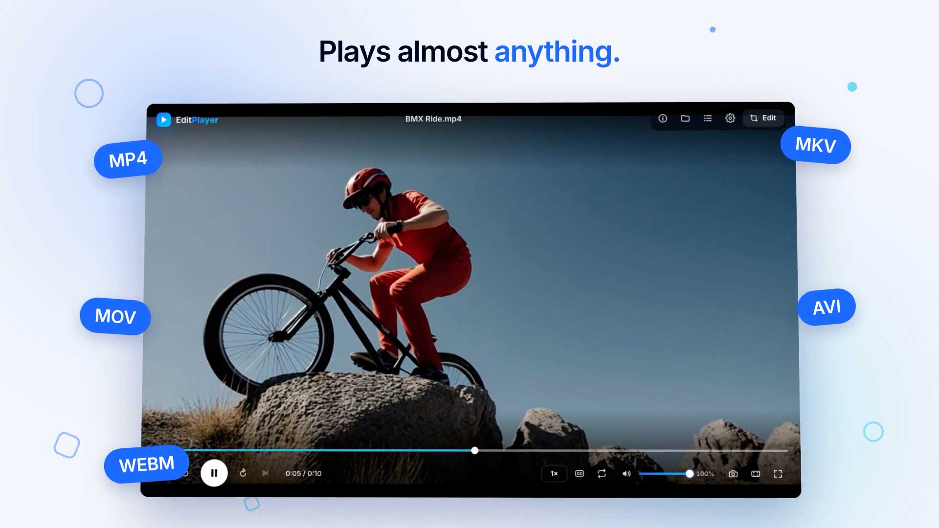 EditPlayer showing a video mid-playback with playlist